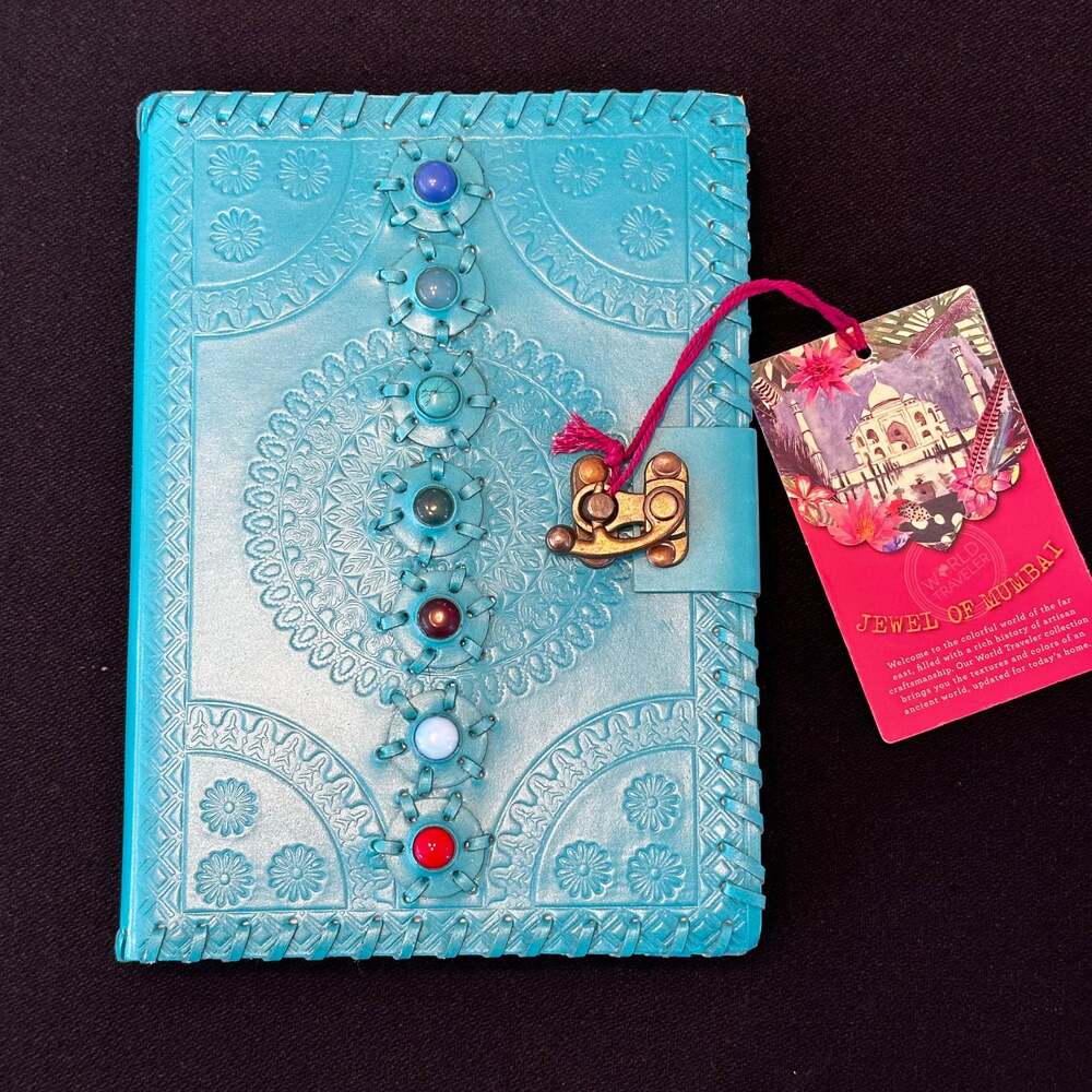 Handmade Embossed Blue Leather Journal with Lock & Seven Chakra Stones